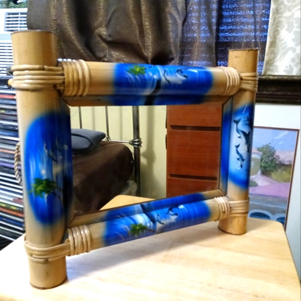 🐟VINTAGE BAMBOO MIRROR& ARTWORK
